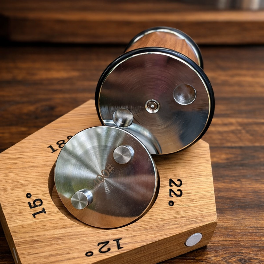 Aiguiseur de couteaux professionnel magnétique avec base en bois et supports en acier inoxydable, design premium pour un affûtage précis et sécurisé.
