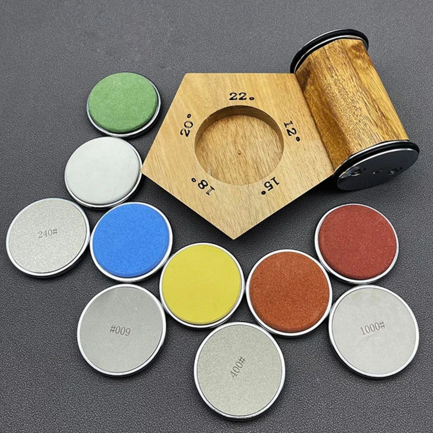 Aiguiseur de couteaux à rouleau diamant multi-angle AiguisePro avec pierres d’affûtage interchangeables et base en bois
