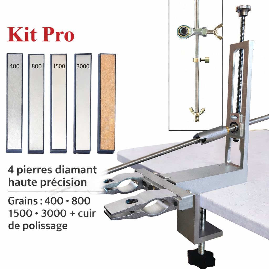 Kit Pro aiguiseur professionnel à angle fixe avec 4 pierres diamant 400 800 1500 3000 et cuir de polissage pour affûtage haute précision des couteaux