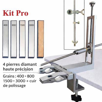 Kit Pro aiguiseur professionnel à angle fixe avec 4 pierres diamant 400 800 1500 3000 et cuir de polissage pour affûtage haute précision des couteaux
