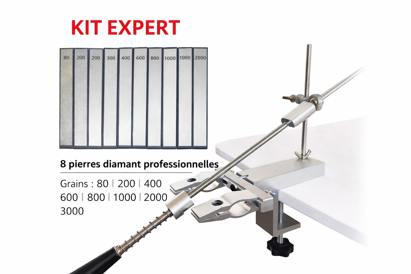 Kit expert aiguiseur professionnel à angle fixe avec 8 pierres diamant 80 200 400 600 800 1000 2000 3000 pour affûtage professionnel haute précision des couteaux